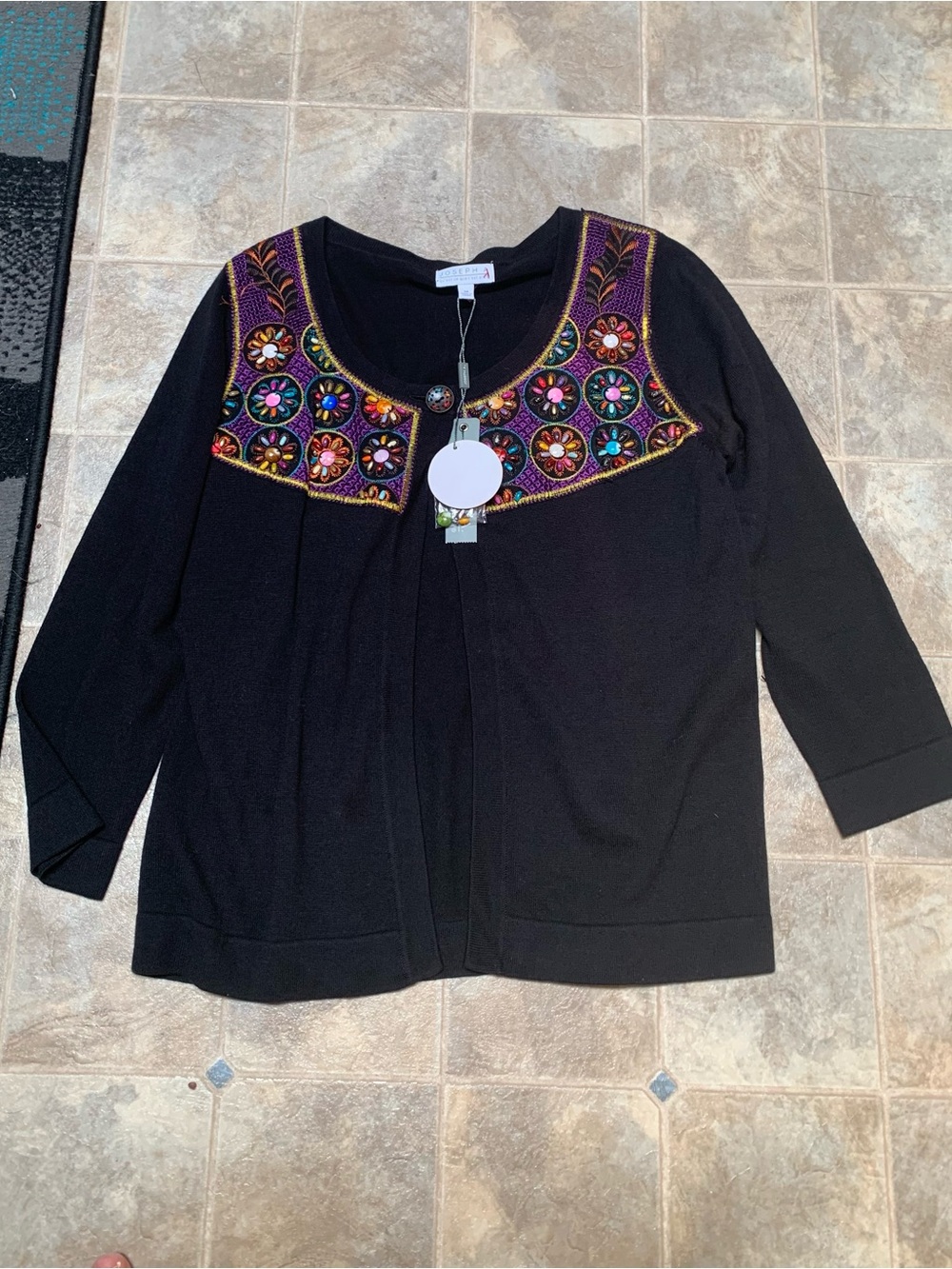 Joseph A Black Cardigan with Multicolor Beaded Embroidered Yoke